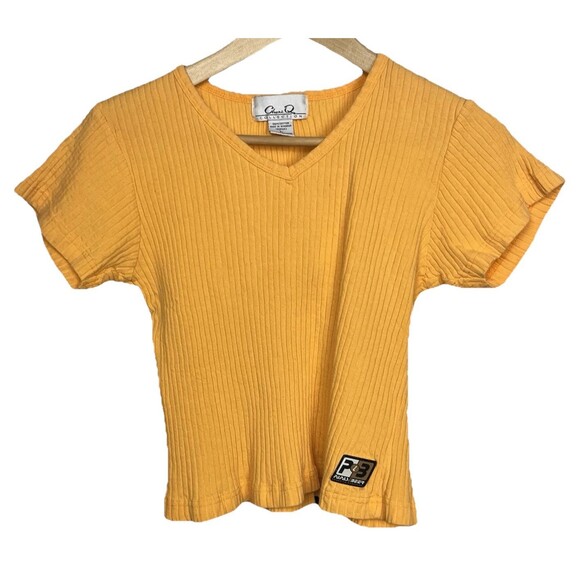 Papas & Beer Crop Top L 90s V-Neck Ribbed T-Shirt Baja Mexico Bar Logo Tee VTG - Picture 1 of 7